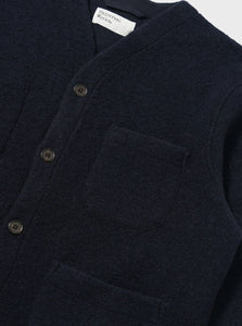 Universal Works Wool Fleece Cardigan in Navy