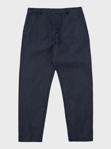 Universal Works Military Chino in Navy Linen Mix Puppytooth