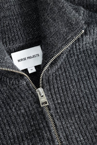 Norse Projects Hagen Wool Cotton Ribbed Zip Jacket in Grey Melange