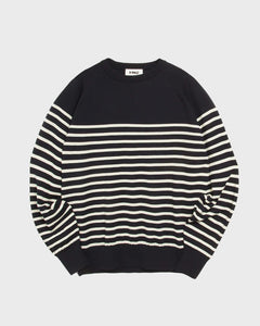 YMC Suedehead Crew Neck Knit in Navy/Ecru